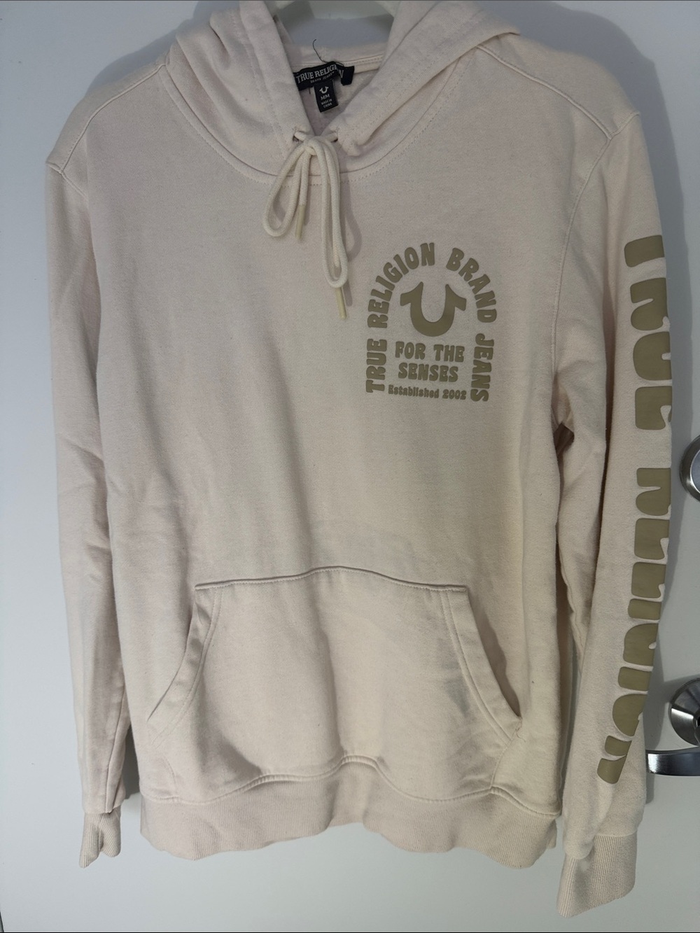 True Religion Men’s Cream Pullover Hoodie with Olive Logo